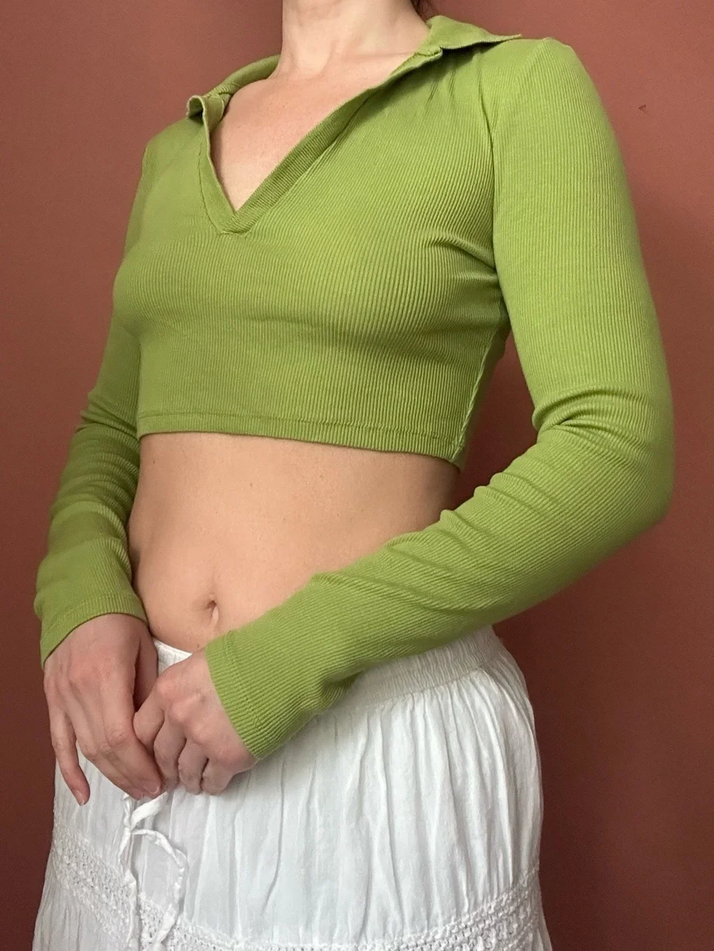 Zara Green Ribbed Cropped Polo Top